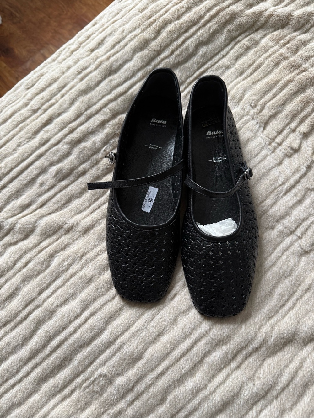 Black Leather Woven Mary Jane Flats with Strap